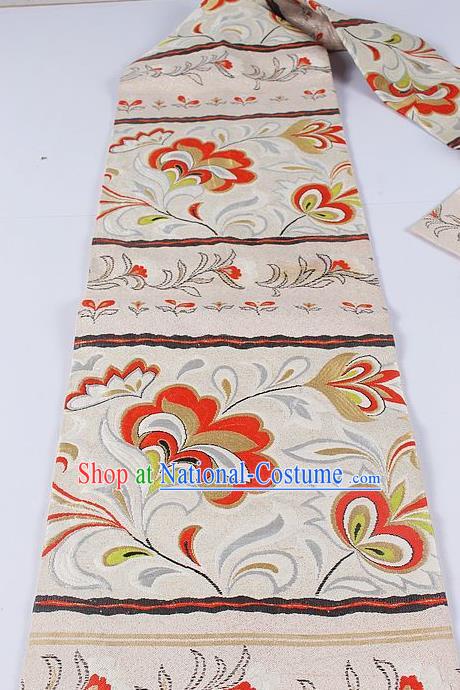 Asian Japanese Classical Cockscomb Pattern Beige Brocade Waistband Kimono Accessories Traditional Yukata Belt for Women
