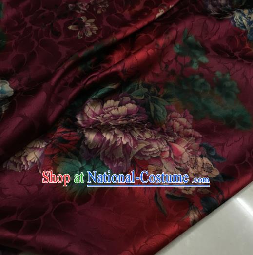 Asian Chinese Classical Peony Pattern Wine Red Brocade Satin Drapery Traditional Cheongsam Brocade Silk Fabric