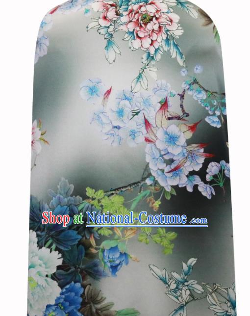 Chinese Traditional Peach Blossom Pattern Design Grey Satin Brocade Fabric Asian Silk Material
