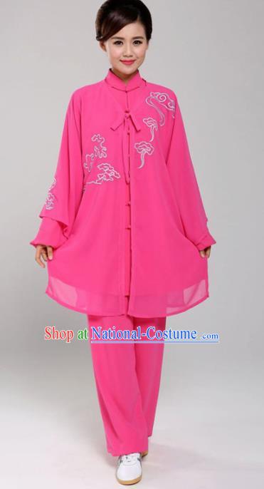 Professional Chinese Martial Arts Rosy Silk Cloak Costume Traditional Kung Fu Competition Tai Chi Clothing for Women