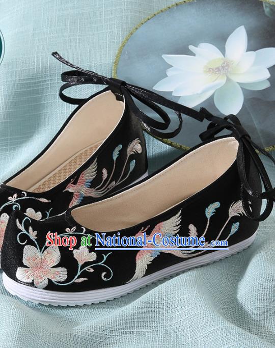 Chinese Handmade Embroidered Plum Bird Black Bow Shoes Traditional Ming Dynasty Hanfu Shoes Princess Shoes for Women
