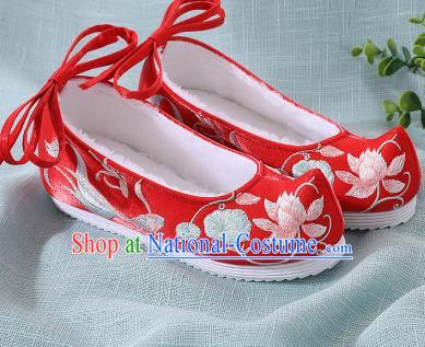 Chinese Handmade Embroidered Lotus Fish Red Bow Shoes Traditional Ming Dynasty Hanfu Shoes Princess Shoes for Women