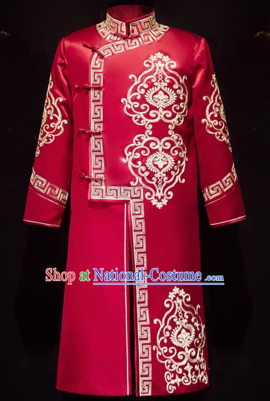 Chinese Ancient Bridegroom Embroidered Red Long Gown Traditional Wedding Tang Suit Costumes for Men