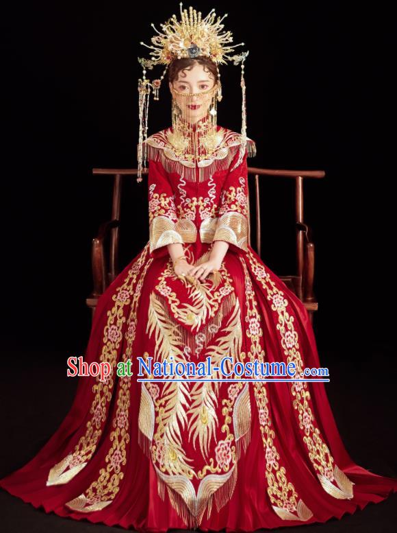 Chinese Traditional Wedding Embroidered Phoenix Red Blouse and Dress Xiu He Suit Bottom Drawer Ancient Bride Costumes for Women