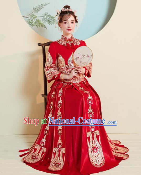Chinese Traditional Embroidered Xiu He Suit Wedding Red Blouse and Dress Bottom Drawer Ancient Bride Costumes for Women
