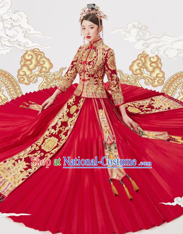 Chinese Traditional Wedding Embroidered Blouse and Dress Red Bottom Drawer Xiu He Suit Ancient Bride Costumes for Women