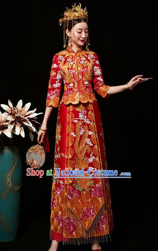 Chinese Ancient Bride Embroidered Phoenix Peony Red Costumes Diamante Xiu He Suit Wedding Blouse and Dress Traditional Bottom Drawer for Women
