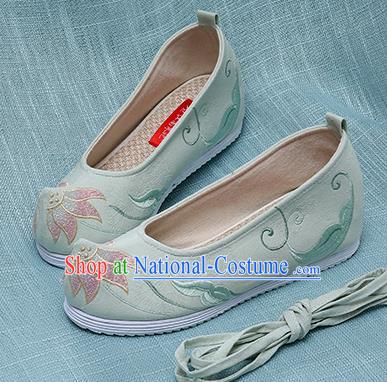 Chinese Handmade Embroidered Lotus Green Cloth Shoes Traditional Hanfu Shoes National Shoes for Women