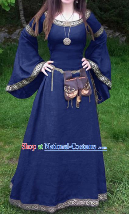 Traditional Europe Middle Ages Civilian Blue Dress Halloween Cosplay Stage Performance Costume for Women