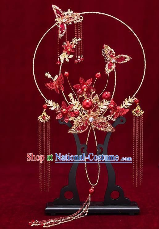 Chinese Traditional Wedding Palace Fans Ancient Bride Prop Red Round Fan for Women