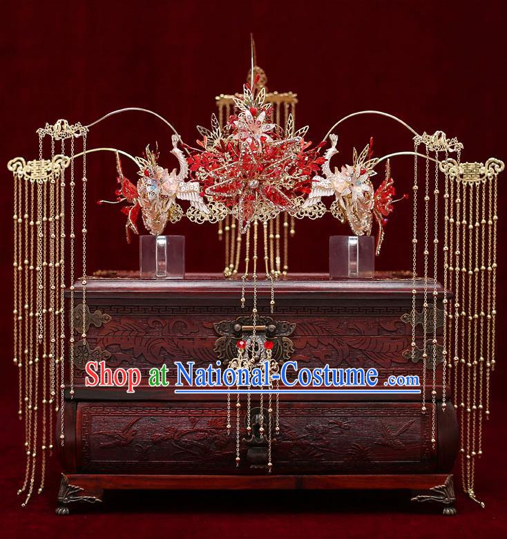 Chinese Traditional Red Star Phoenix Coronet Bride Handmade Tassel Hairpins Wedding Hair Accessories Complete Set for Women