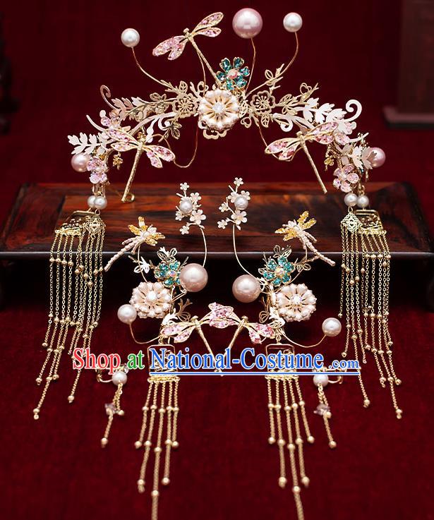 Chinese Traditional Bride Tassel Dragonfly Hair Clasp Handmade Hairpins Wedding Hair Accessories Complete Set for Women