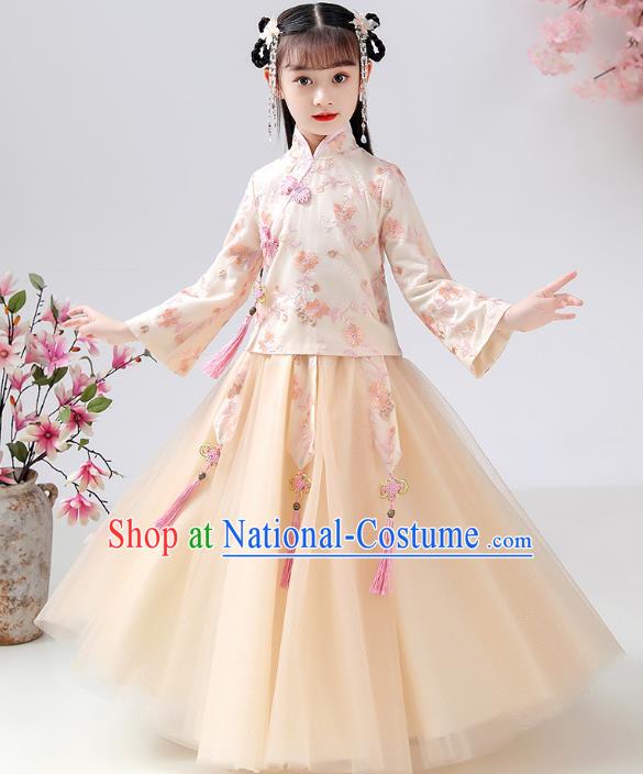 Chinese Traditional Hanfu Ming Dynasty Girls Printing Beige Blouse and Skirt Ancient Children Costumes for Kids