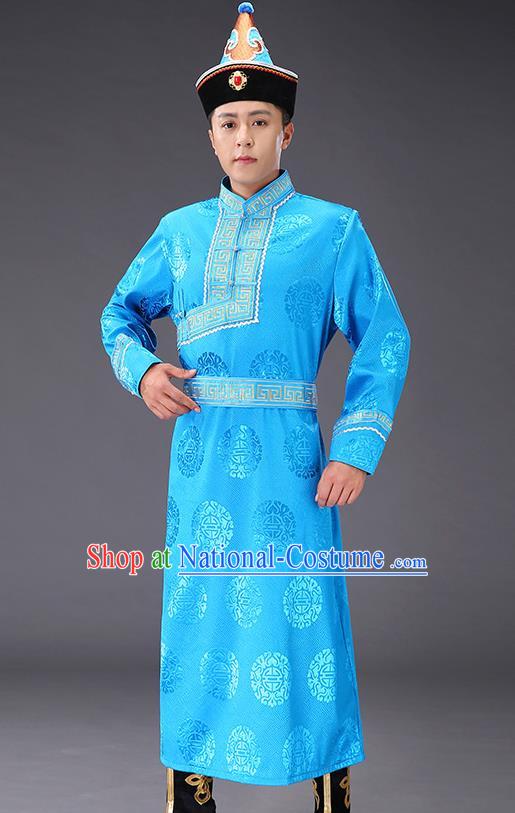 Chinese Traditional Mongol Minority Men Blue Mongolian Robe Costume Ethnic Stage Performance Garment