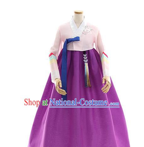 Korean Bride Light Pink Blouse and Purple Dress Korea Fashion Costumes Traditional Wedding Hanbok Festival Apparels for Women
