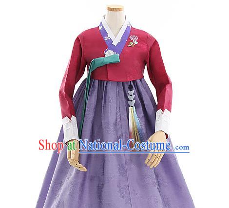 Korean Bride Mother Hanbok Wine Red Blouse and Purple Dress Korea Fashion Costumes Traditional Festival Apparels for Women
