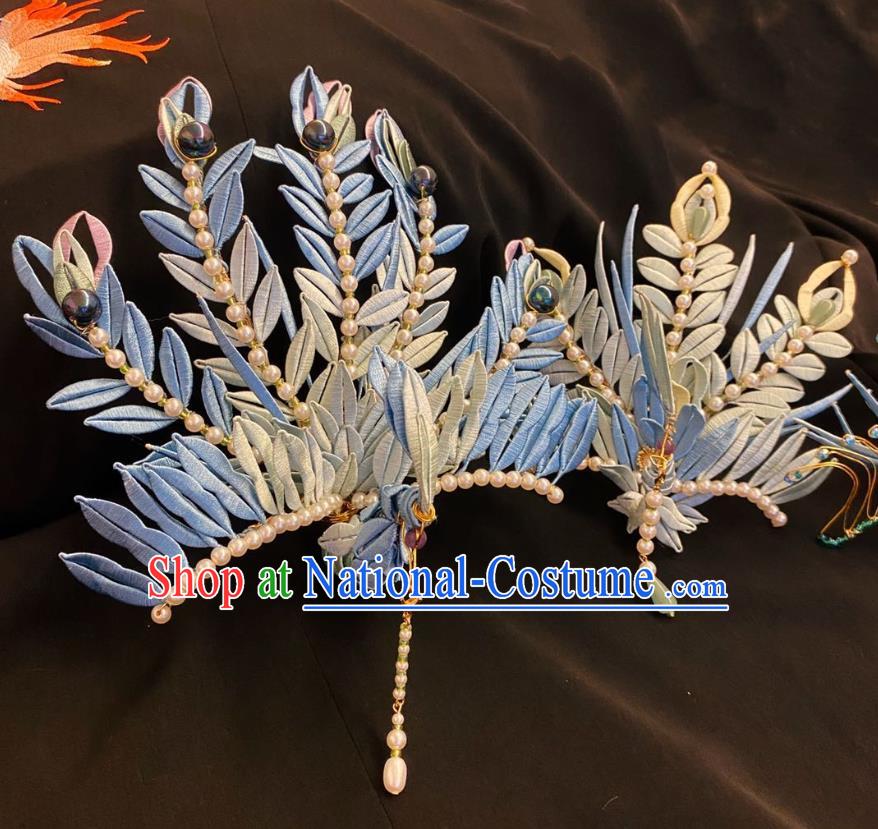 Chinese Ming Dynasty Silk Phoenix Hairpin Handmade Classical Ancient Empress Hanfu Hair Accessories Court Women Pearls Tassel Hair Crown