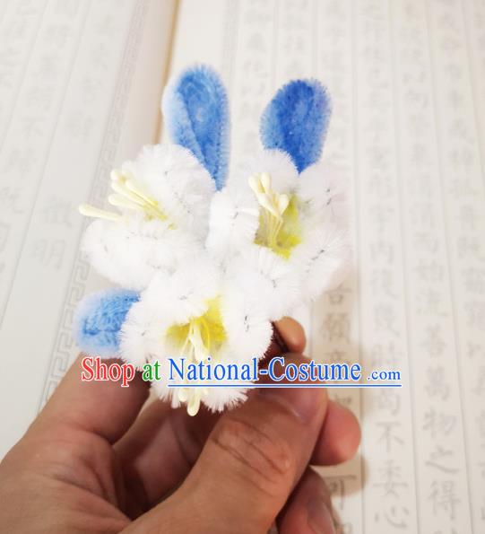 Chinese Ancient Princess Velvet Pear Flowers Hairpins Hair Accessories Handmade Qing Dynasty Palace Lady White Hair Stick
