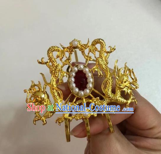 Chinese Ancient Empress Agate Golden Dragons Hair Comb Hairpins Hair Accessories Handmade Ming Dynasty Palace Pearls Hair Crown