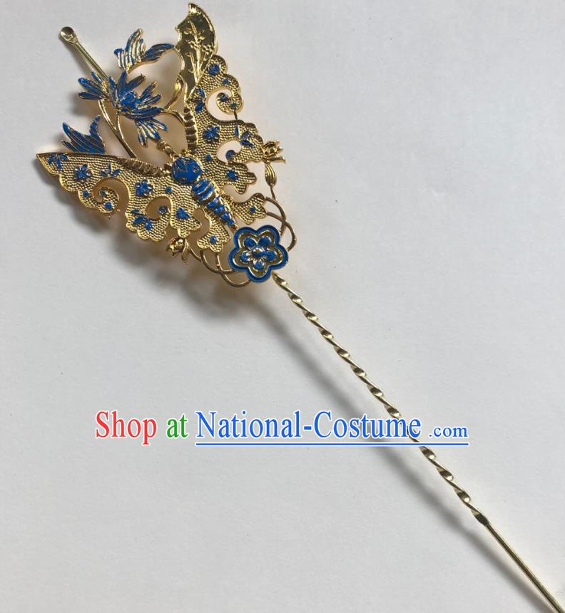Chinese Ancient Palace Lady Blueing Butterfly Hairpins Hair Accessories Handmade Ming Dynasty Queen Golden Curette Hair Stick