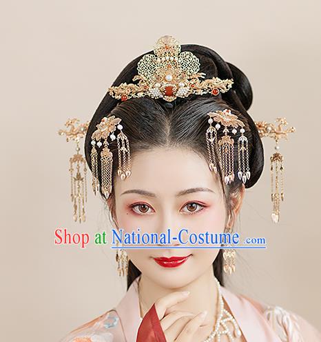 Chinese Classical Palace Golden Hair Crown Handmade Hanfu Hair Accessories Ancient Tang Dynasty Princess Agate Hairpins