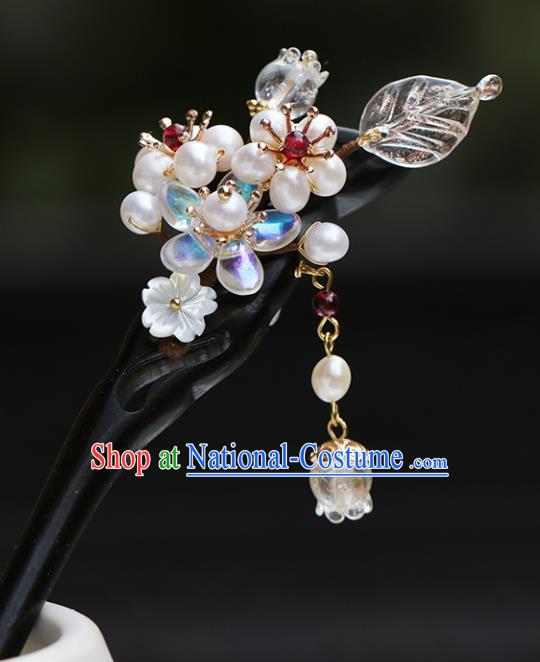 Chinese Classical Palace Pearls Hair Stick Handmade Hanfu Hair Accessories Ancient Qing Dynasty Princess Ebony Hairpins