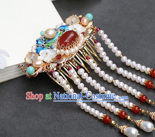 Chinese Classical Palace Blueing Peony Hair Comb Handmade Hanfu Hair Accessories Ancient Qing Dynasty Princess Tassel Hairpins