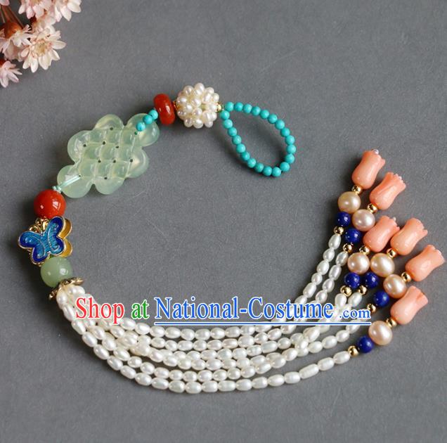 Chinese Handmade Classical Blueing Butterfly Pendant Jewelry Accessories Ancient Ming Dynasty Hanfu Jade Pearls Tassel Brooch for Women