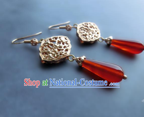 Chinese Handmade Red Agate Earrings Classical Ear Accessories Hanfu Ming Dynasty Princess Golden Eardrop