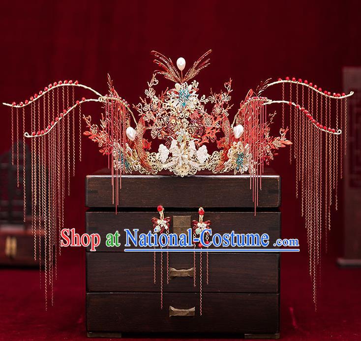 Chinese Handmade Red Tassel Phoenix Coronet Classical Wedding Hair Accessories Ancient Bride Hairpins Headwear Complete Set