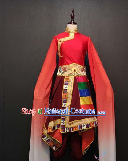 Custom China Zang Nationality Red Dress Ethnic Folk Dance Clothing Traditional Tibetan Minority Water Sleeve Costumes