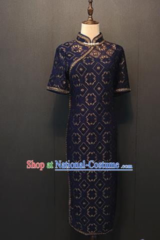 Custom China Wedding Mother Navy Lace Qipao Dress Shanghai Classical Cheongsam Traditional Catwalks Clothing