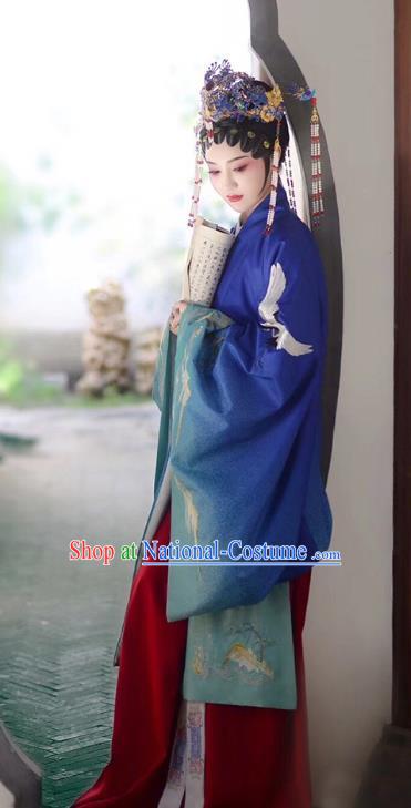 Chinese Ancient Ming Dynasty Costumes Traditional Beijing Opera Apparels Noble Female Blue Cape Blouse and Skirt and Headdress
