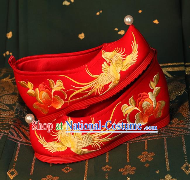 China Wedding Hanfu Shoes Embroidered Phoenix Peony Shoes Princess Shoes Bride Shoes Handmade Red Cloth Shoes