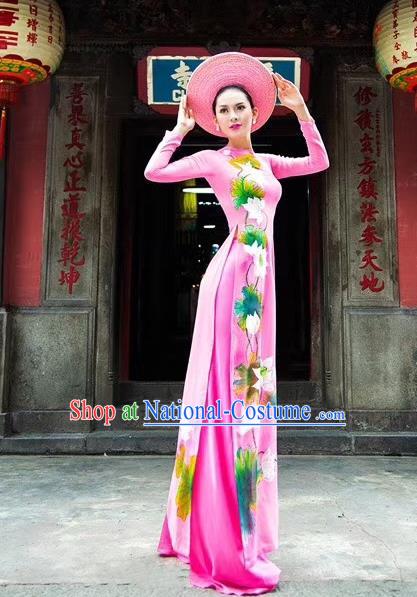 Asian Vietnam Traditional Costumes Vietnamese Classical Aodai Qipao Dress Printing Lotus Cheongsam and Pants for Women