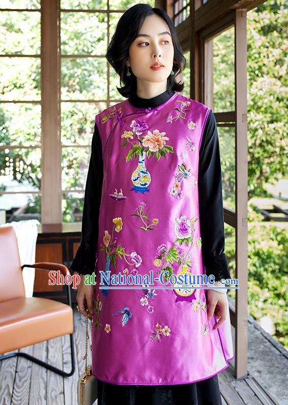 China Traditional Clothing Embroidered Purple Silk Qipao Vest Women National Classical Cheongsam Waistcoat