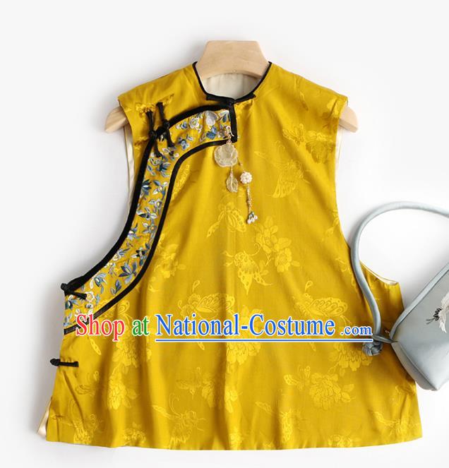 Chinese Traditional Waistcoat Costume Tang Suit Upper Outer Garment Qing Dynasty Yellow Vest