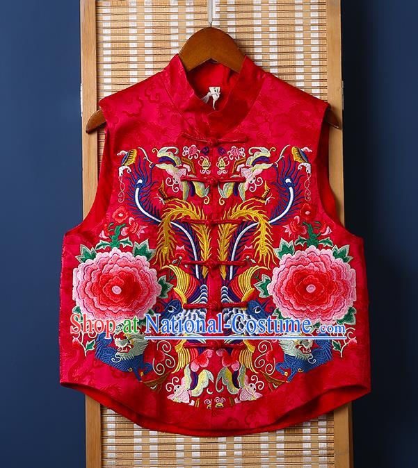Chinese National Cheongsam Upper Outer Garment Tang Suit Embroidered Red Brocade Vest
