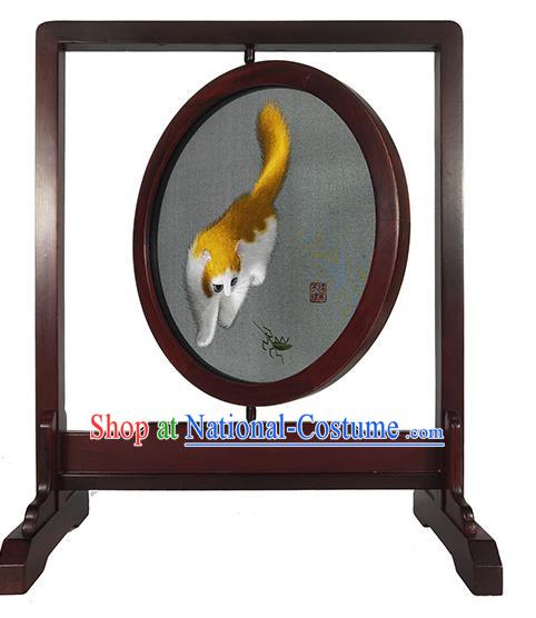 Chinese Handmade Table Decoration Traditional Embroidered Craft Suzhou Embroidery Yellow Cat Rotating Screen