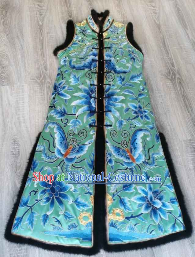 Top Grade China Traditional Winter Upper Outer Garment Light Green Waistcoat Tang Suit Embroidered Butterfly Vest
