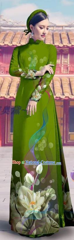 Custom Asian Vietnamese Clothing Printing Dress with Pants Traditional Vietnam Bride Costume Fashion Green Ao Dai Dress