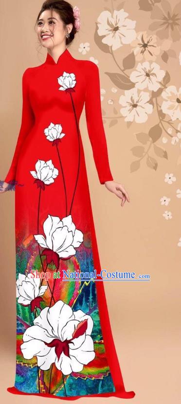 Vietnam Ao Dai Dress Uniforms Custom Asian Vietnamese National Clothing Traditional Red Cheongsam with Loose Pants Fashion Apparel
