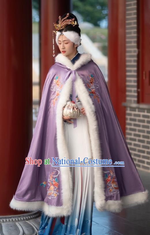 Chinese Ming Dynasty Embroidered Purple Cloak Historical Costume Traditional Ancient Princess Hanfu Apparel for Patrician Lady