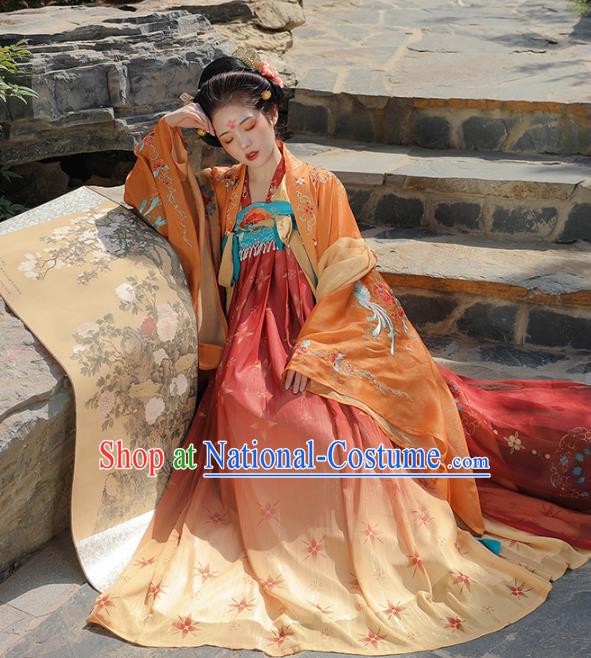 China Tang Dynasty Consort Yang Costumes Traditional Embroidered Orange Cape Blouse and Dress Ancient Hanfu Clothing