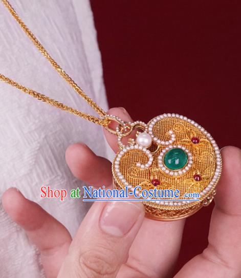 Chinese Traditional Pearls Jewelry Gems Accessories Ancient Qing Dynasty Court Golden Sachet Necklace Pendant
