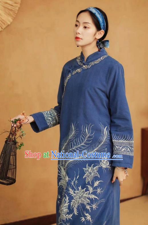 Chinese Retro Batik Blue Qipao Dress Traditional Women Cotton Padded Robe Clothing National Embroidered Phoenix Cheongsam