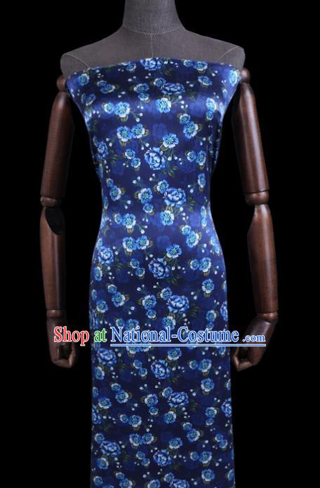 Asian Cheongsam Cloth Satin Drapery Chinese Traditional Gambiered Guangdong Silk Classical Primrose Pattern Deep Blue Watered Gauze Fabric