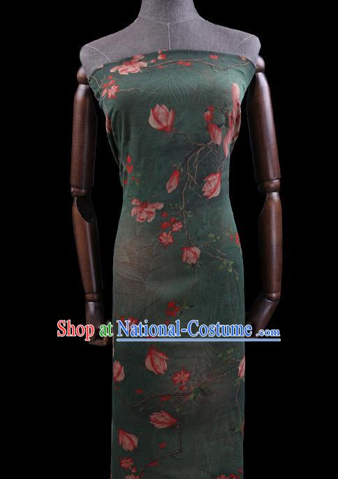 Chinese Classical Mangnolia Pattern Green Gambiered Guangdong Gauze Traditional Cheongsam Silk Fabric