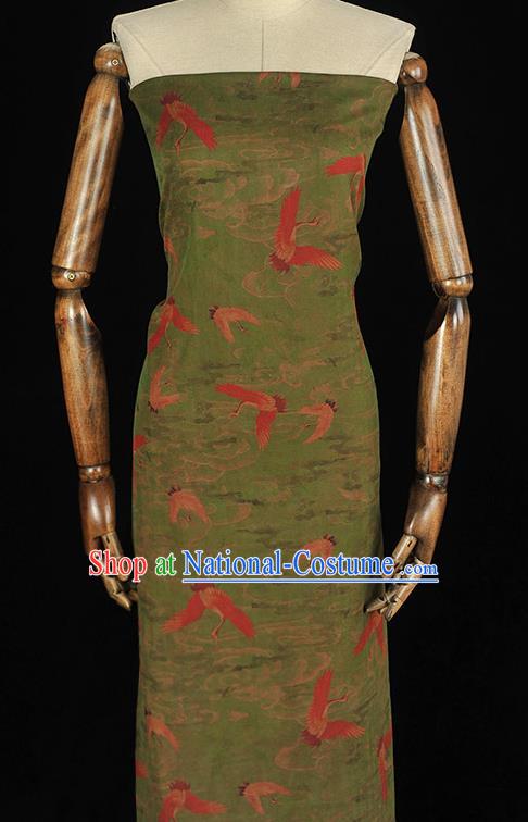 Chinese Cheongsam Gambiered Guangdong Gauze Traditional Silk Fabric Classical Cranes Pattern Green Cloth