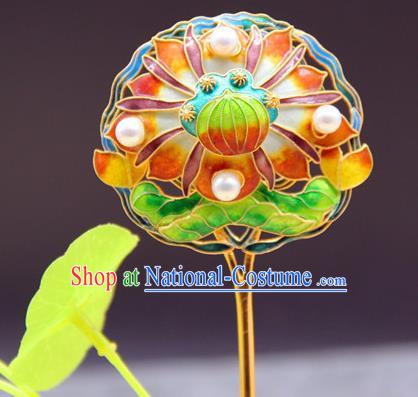China Handmade Court Pearls Hair Stick Traditional Palace Headpiece Ancient Qing Dynasty Empress Enamel Lotus Hairpin